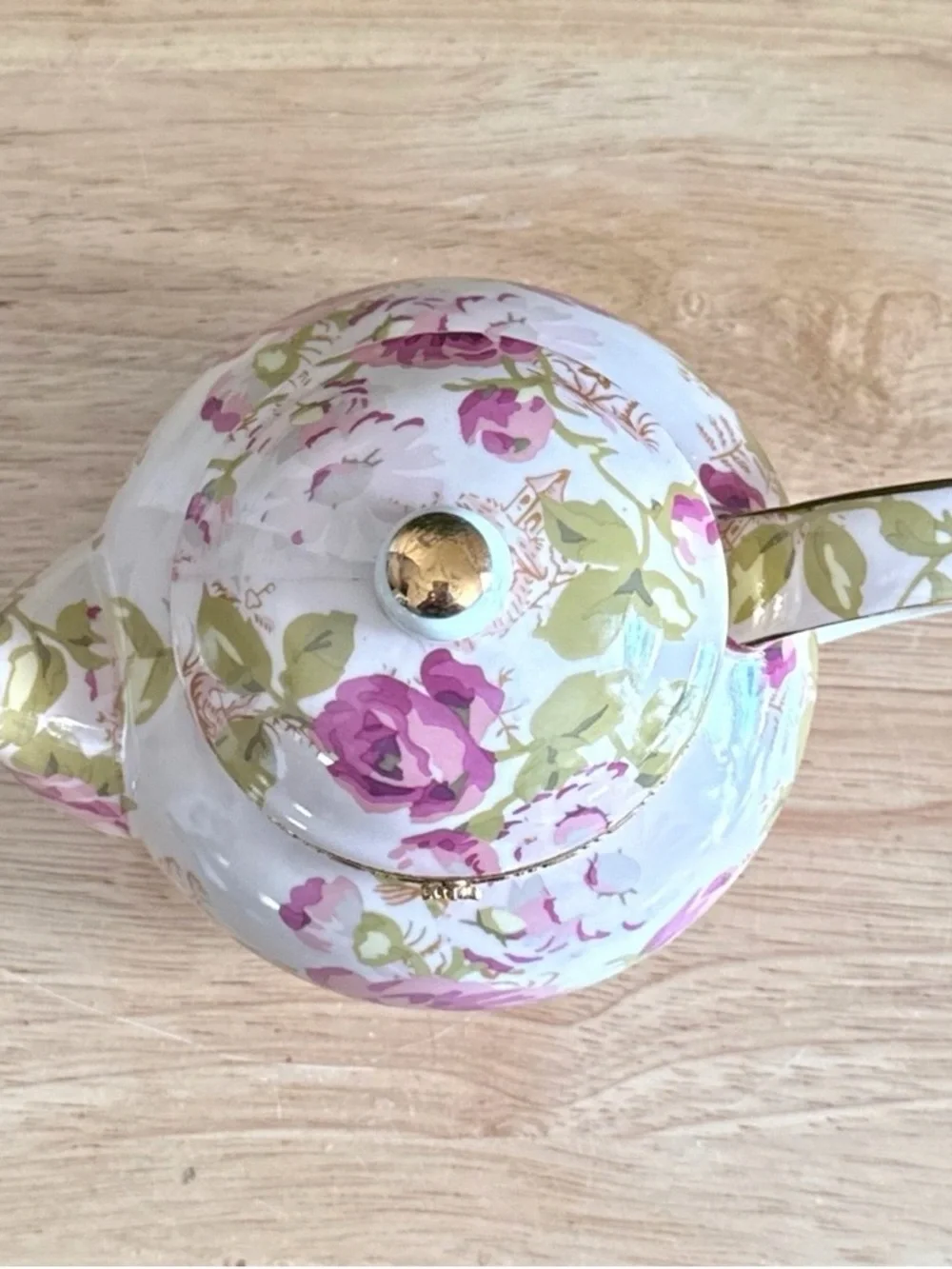 BAUM Asian Rose Collection Hinged Lid Porcelain Teapot Trinket Box Pink Floral